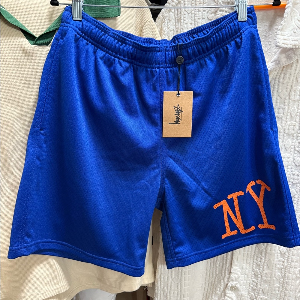 Stussy Blue Athletic Shorts with Orange NY Design